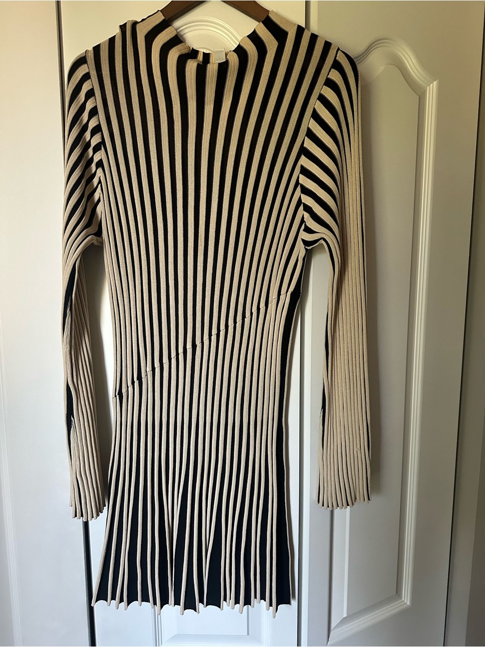 Topshop Vertical Striped Long Sleeve Ribbed Dress in Beige and Black